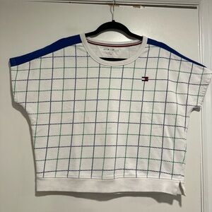 Tommy Hilfiger Sz:M Boxy Green/blue Cropped Cap Sleeve Window Pane Geometric Top